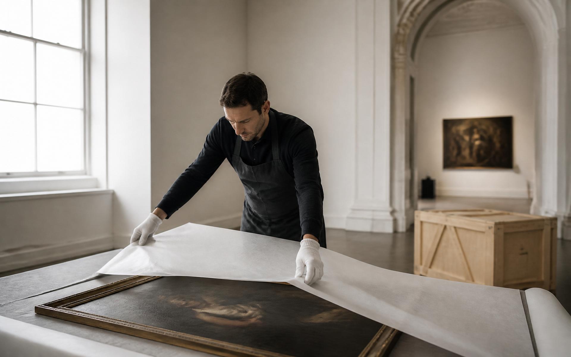 Fine-art handler wrapping a framed painting in a gallery space